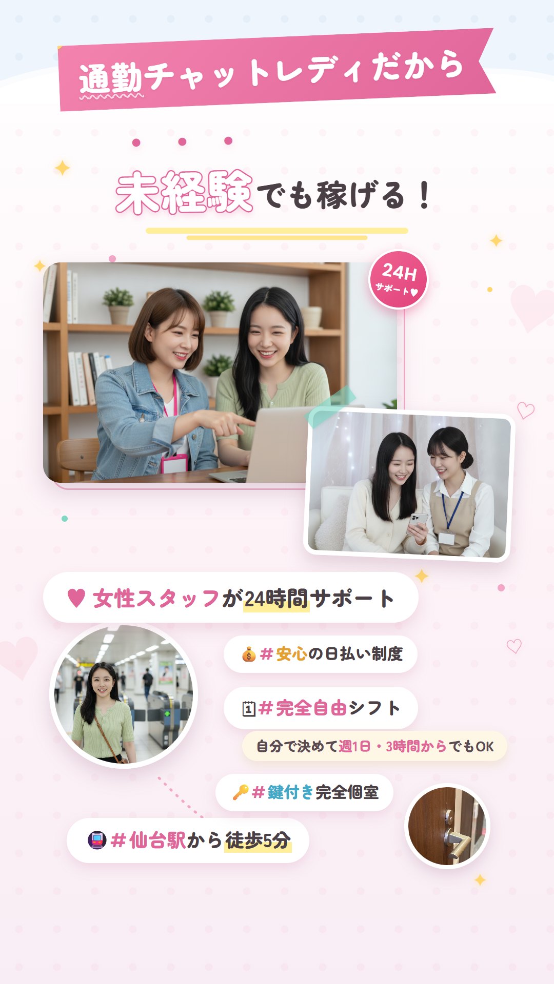 通勤チャットレディだから未経験でも稼げる！ POINT01 仙台駅から徒歩5分 POINT02 女性スタッフが24時間サポート(スタッフと女の子の楽しいレクチャー風景) POINT03 鍵付き完全個室(実際のお部屋のドア写真)